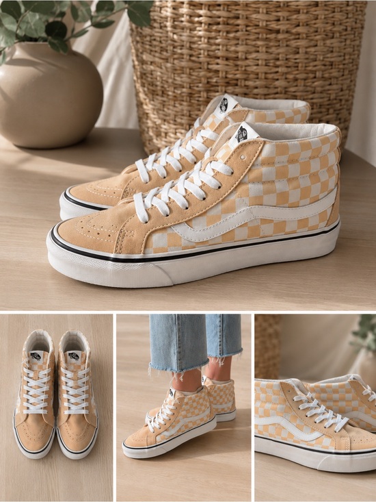 Vans Shoes - Vans Checkerboard High-Top Sneakers in Beige and White